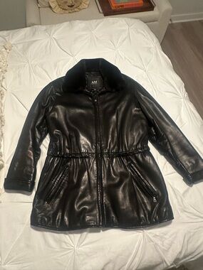 Andrew Marc Black Leather Zip-Front Jacket with Drawstring Waist